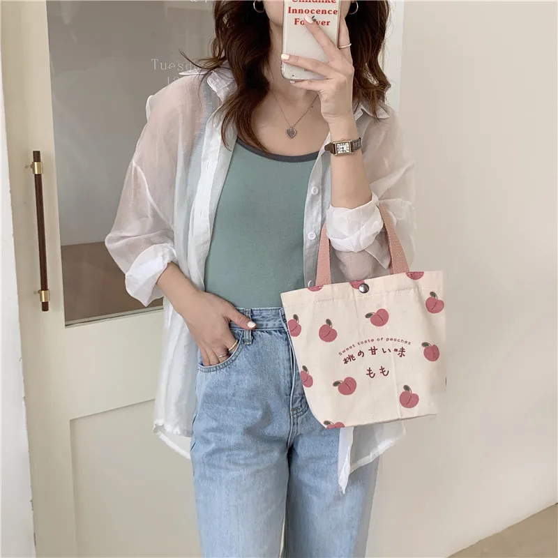 Small Canvas Women Tote Food Bag Japanese Peach Hand Lunch Bag Korean Mini Student Handbags Cotton Cloth Picnic Travel Bento