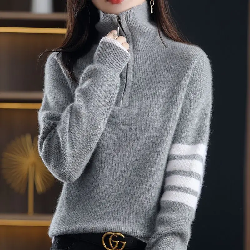Fashionable Korean Style Thickened Zipper Lapel Knitted for Women's Autumn Winter New Versatile Loose