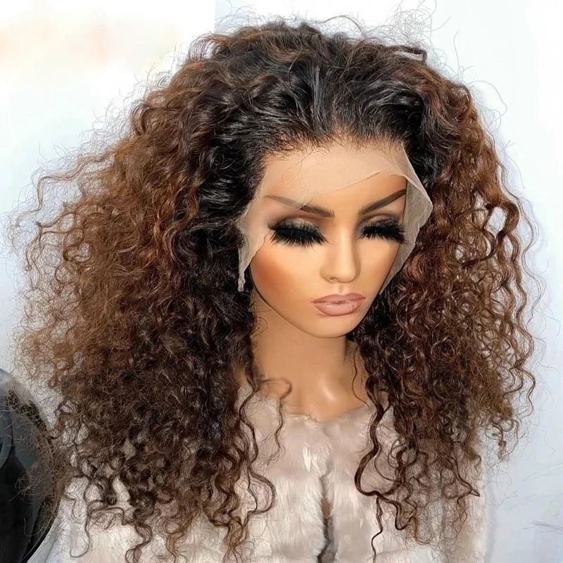 Perruque Lace Front Wig bouclée brune ombrée de 26 pouces, douce, densité 180, Babyhair, résistante à la chaleur, pre-plucked, sans colle, pour femmes noires