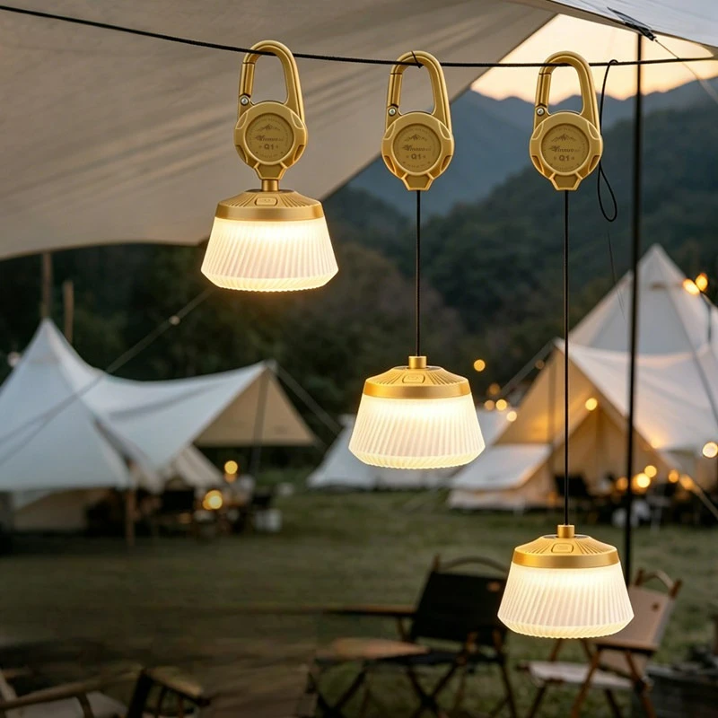 Retractable LED Camping Lamp IPX4 Waterproof Tent Light Type-C Rechargeable Outdoor Hook Portable Emergency Light