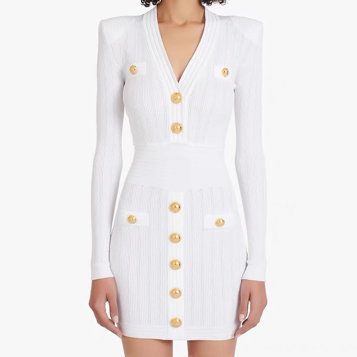 

2302 Высококачественное модное эластичное трикотажное платье с V-образным вырезом, на пуговицах, облегающее, с длинными рукавами, для женщин