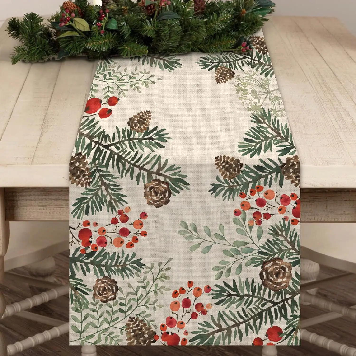 Winter Pine Cone Needle Branch Berry Linen Table Runner Botanical Tabletop Scarf  Decor, Holiday Party Rustic Dining Decorations