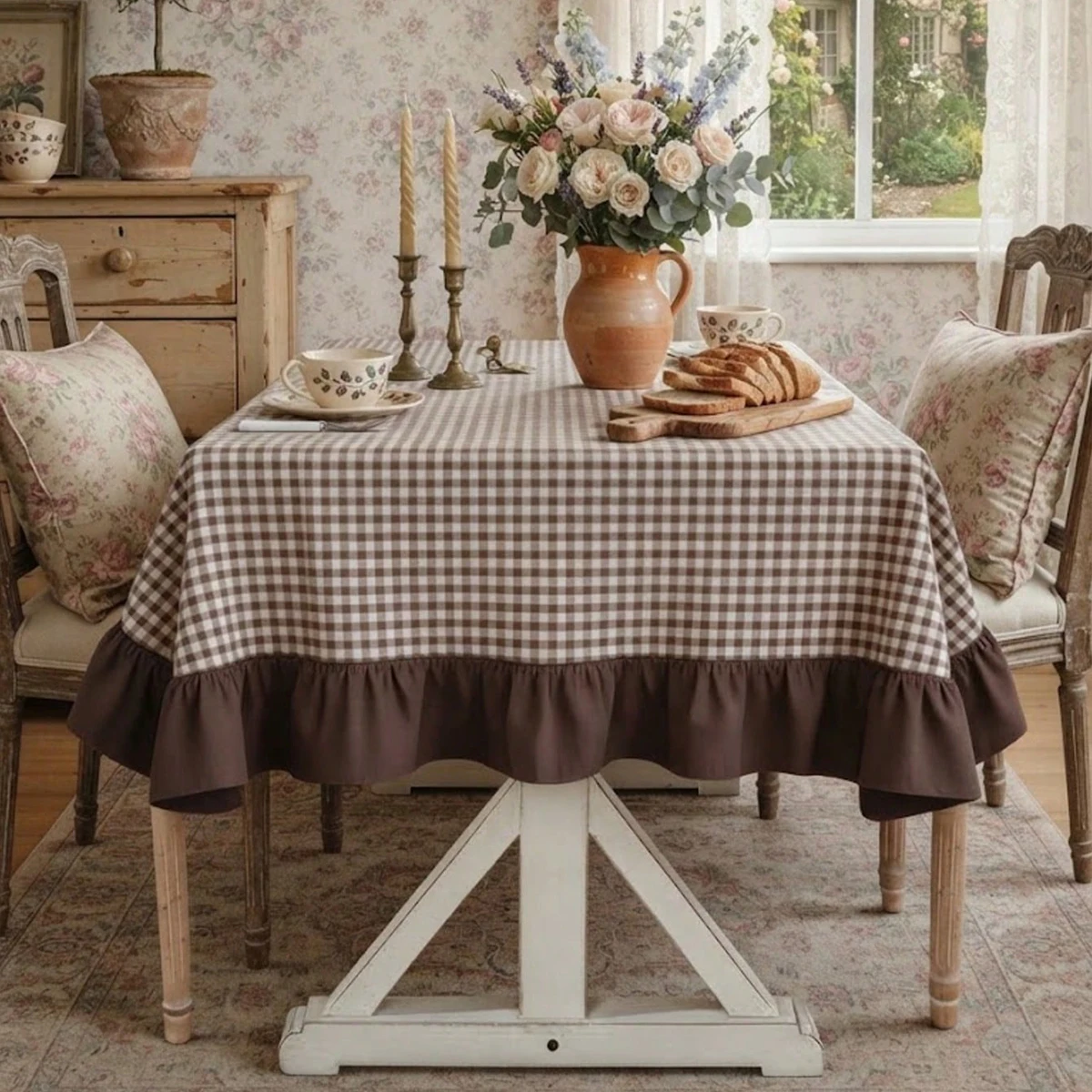1Pc Rural Home Brown and White Ruffled Tablecloth, Suitable for Restaurant Kitchens, Banquets, Homestays, Holiday Parties