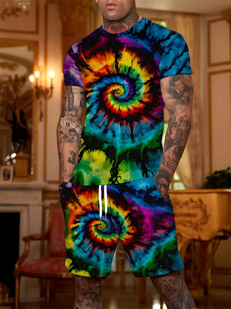 New Summer Men's Two Piece Hip Hop Print Round Neck T Shirt Casual Fashion Style Suit Breathable Short Sleeve Shorts