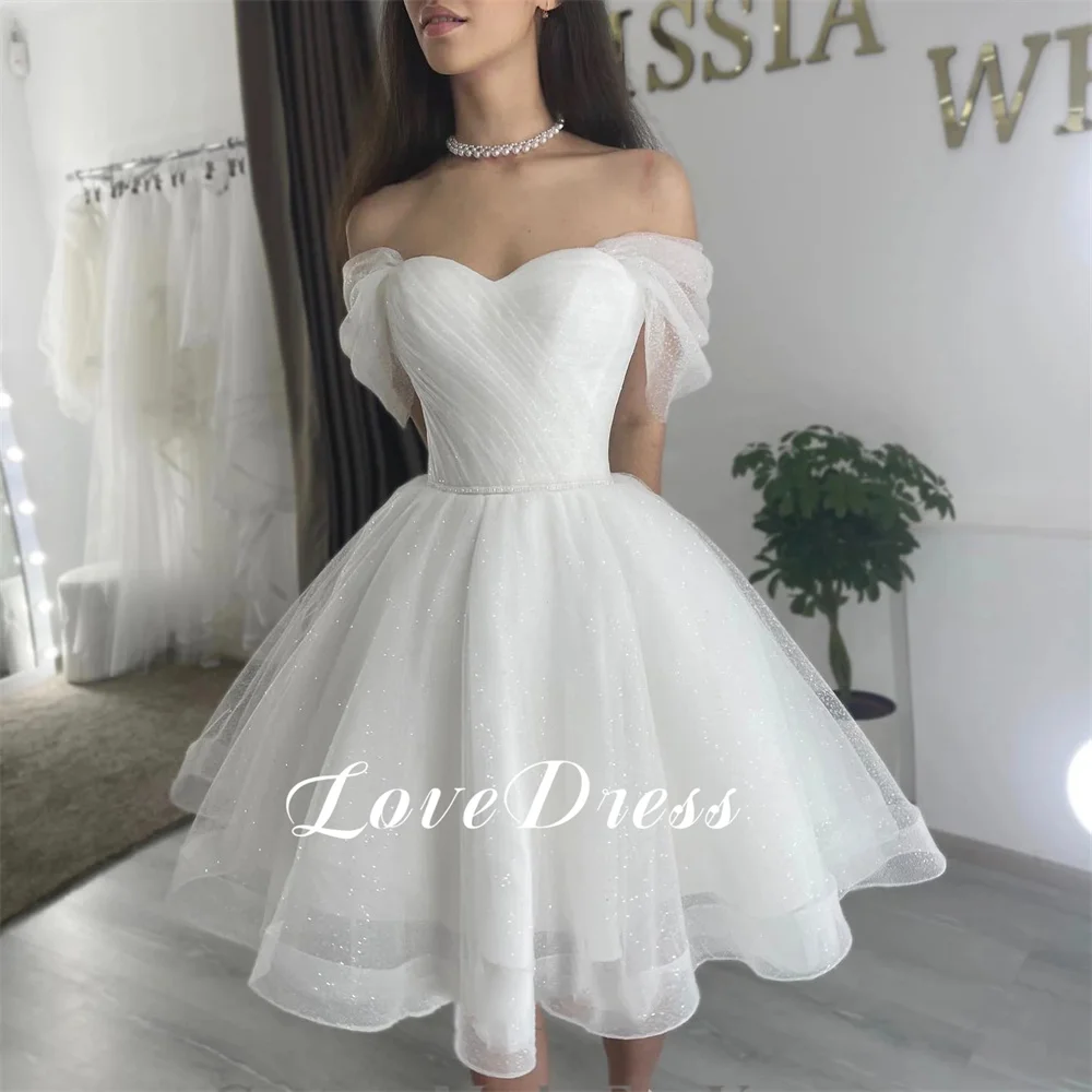 Love Sweetheart Off The Shoulder Tulle Sparkling Tulle A-Line Wedding Dresses Elegant Knee Length Backless Lace Up Customized