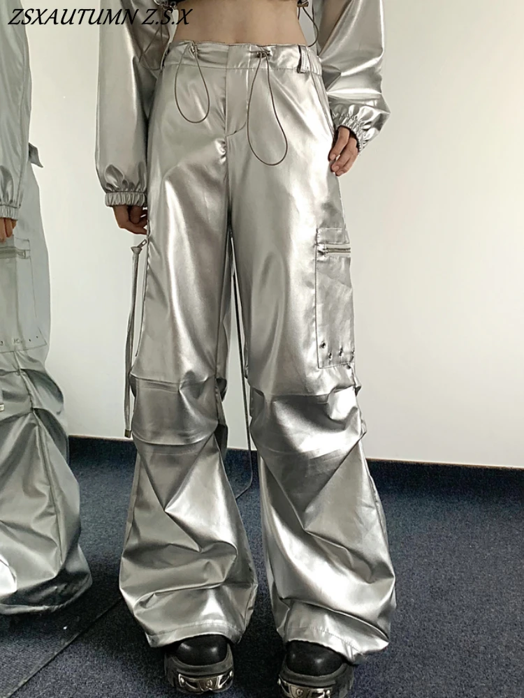 

2024 Handsome Silver Cargo Pants Women's Big Pocket Casual High Waist Wide Pants Hip Hop Cool Trousers American Y2k Streetwear