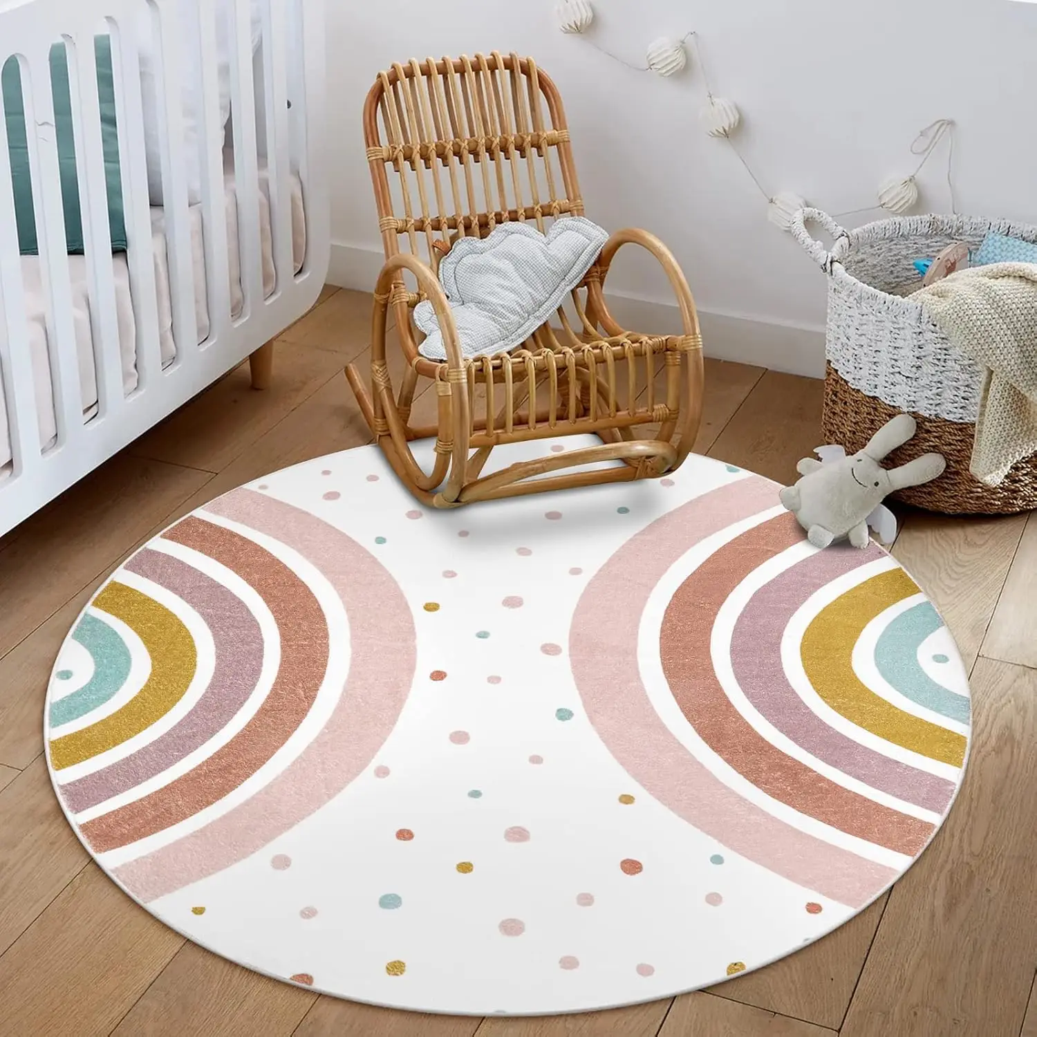 Colorful Round Rug for Nursery Rainbow Washable Rug for Playroom Kids Rug Non-Slip Bedroom Carpet for  Teepee Princess Castle