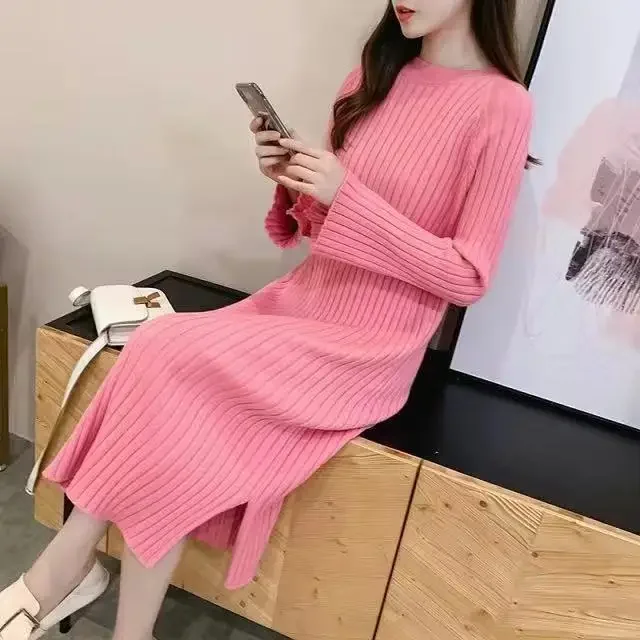 Female Knit Evening Dresses Midi Vintage Woman Knitted Sweater Dress Cheap Casual Korean Fashion High Quality Loose Pink Green