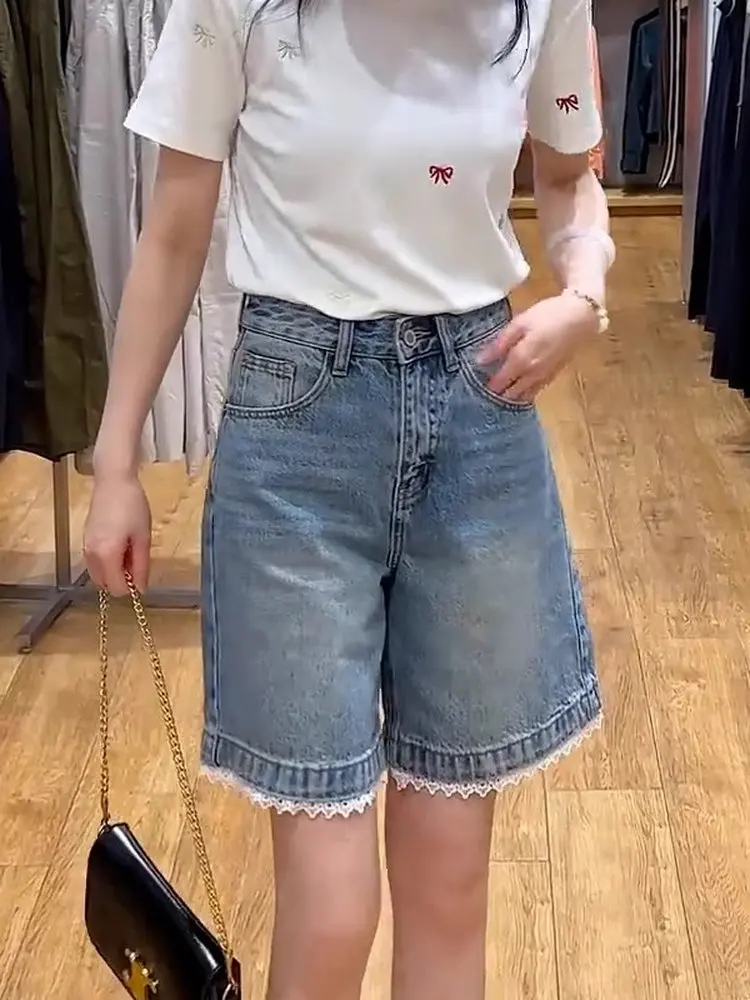 

American Lace Splicing Wide Leg Jeans Women Summer plus Size Fat MM High Waist Loose Slim Straight Five-Quarter Pants