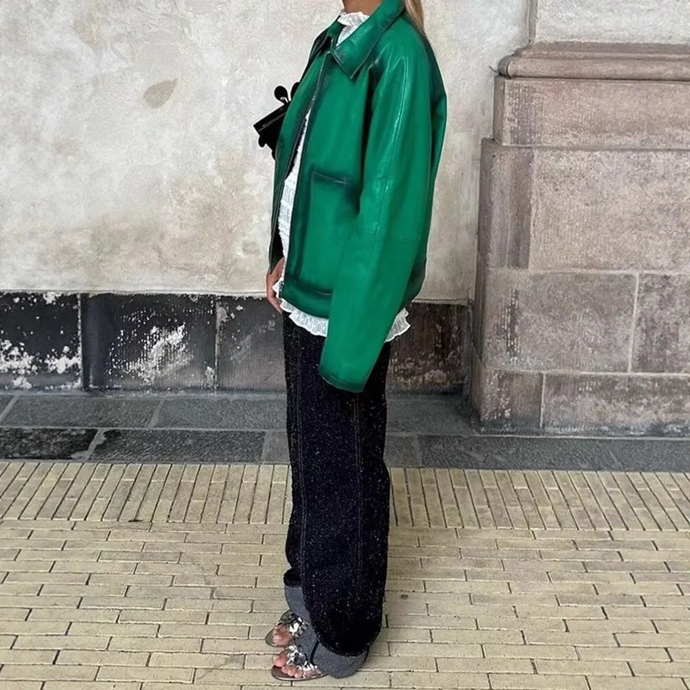 Street Sle a Jaet Zipper Collar Cross-Border Frühling Autumn Faion Damen Ledermantel Long Sve Trendy Person