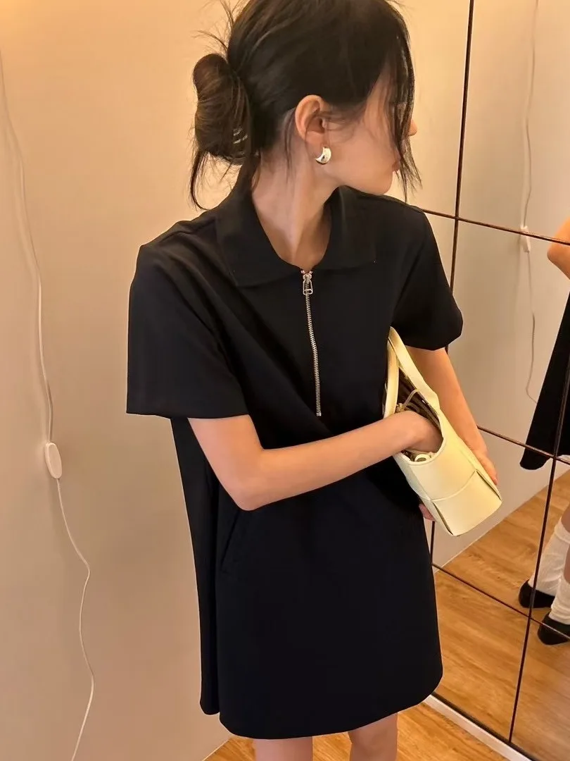 우아한 회색 폴로 넥 짧은 소매 드레스 여성 여름 새 스타일 빈티지 폴카 도트 미니 드레스 세련되고 세련된