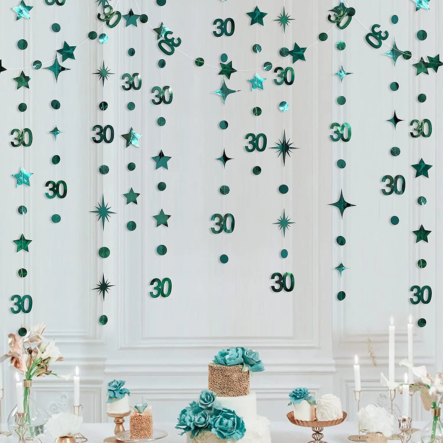 

Emerald Indigo Blue Green Thirty 30th Birthday Decor Number 30 Anniversary Circle Dots Star Leaf Heart Garlands Hanging Streamer