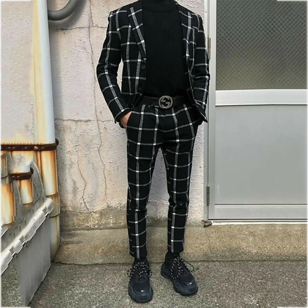 

Black Plaid Man Suit Set Two Pieces Slim Fit Gentleman Elegant Fashion Male Outfit Peak Lapel Banquet Party Formal Clothing