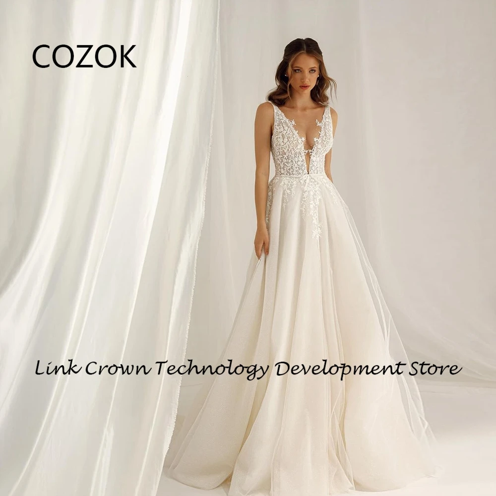 COZOK Sexy V Neck Wedding Dresses for Women Ivory Bridal Gowns 2024 Summer Spaghetti Straps فستان العيد 2024 Soft Tulle New