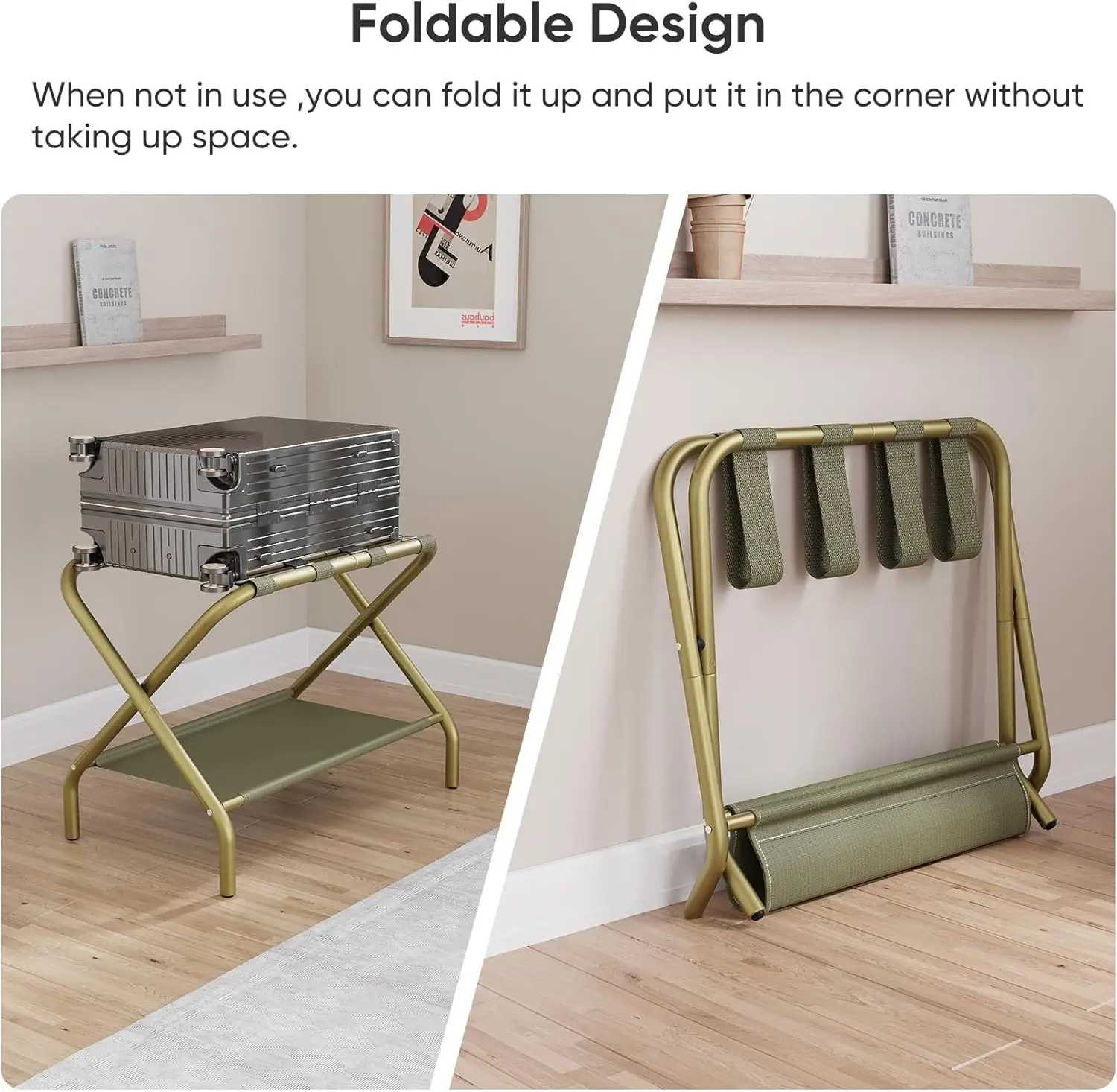 Foldable Luggage Rack with Storage Shelf, Sturdy Iron Frame and Nylon Straps for Bedroom Hotel Use