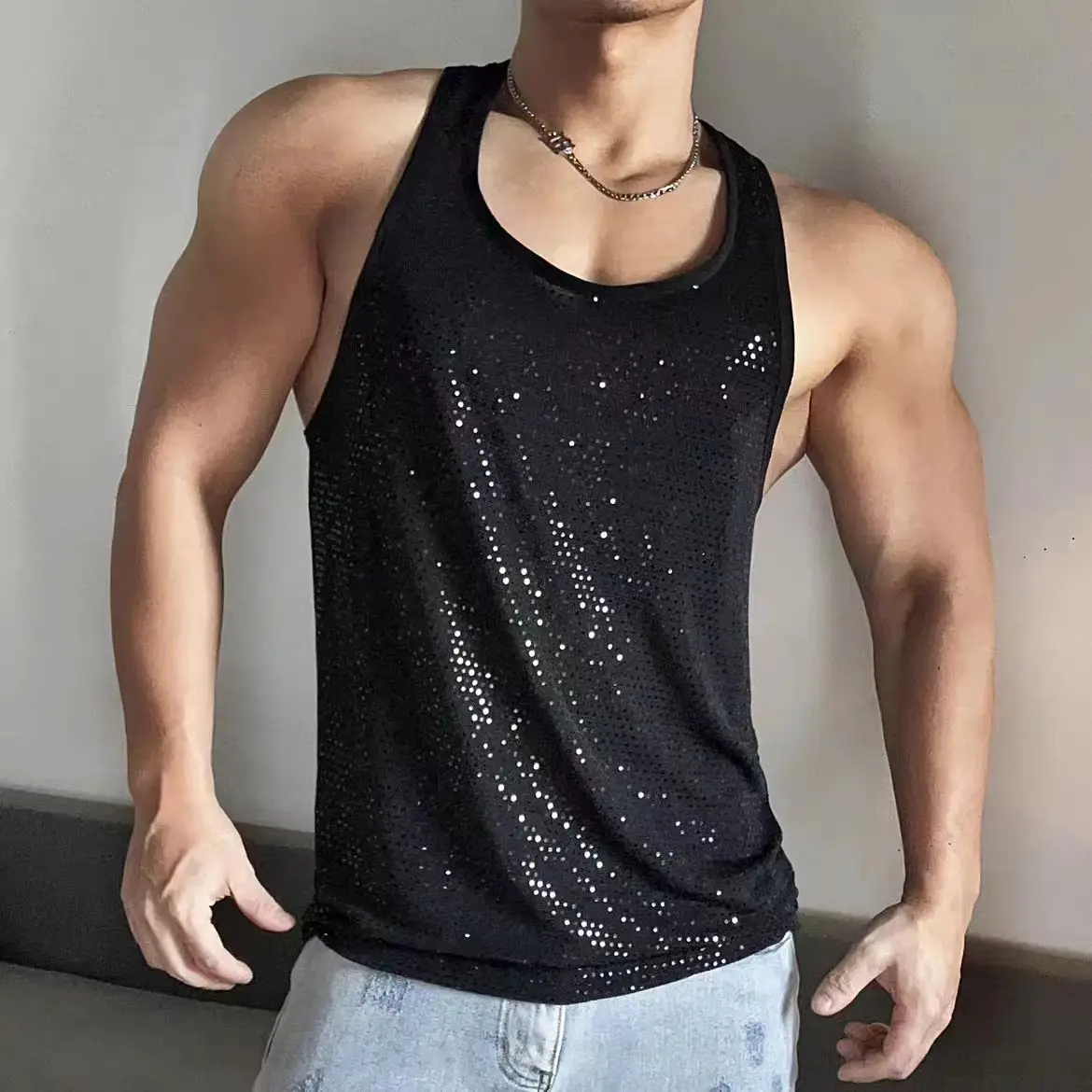 Flash Black Silver Sequins Tank Top Bar Nightclub Male Singer Dance Vest Stage Show Performance Wear