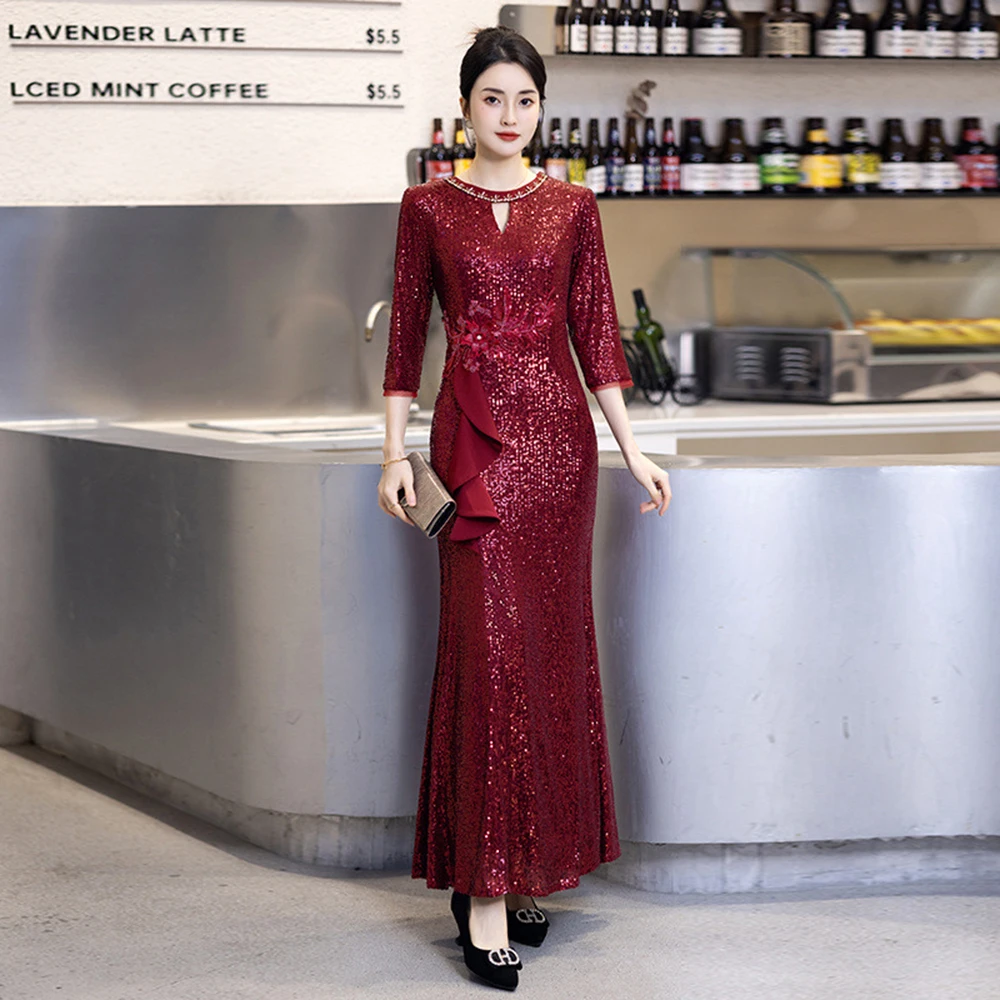 

Light Luxury Wine Red Evening Dress Women's Elegant O-neck Sequins Ankle-length Fishtail Prom Dress Wedding Party Guest Vestido