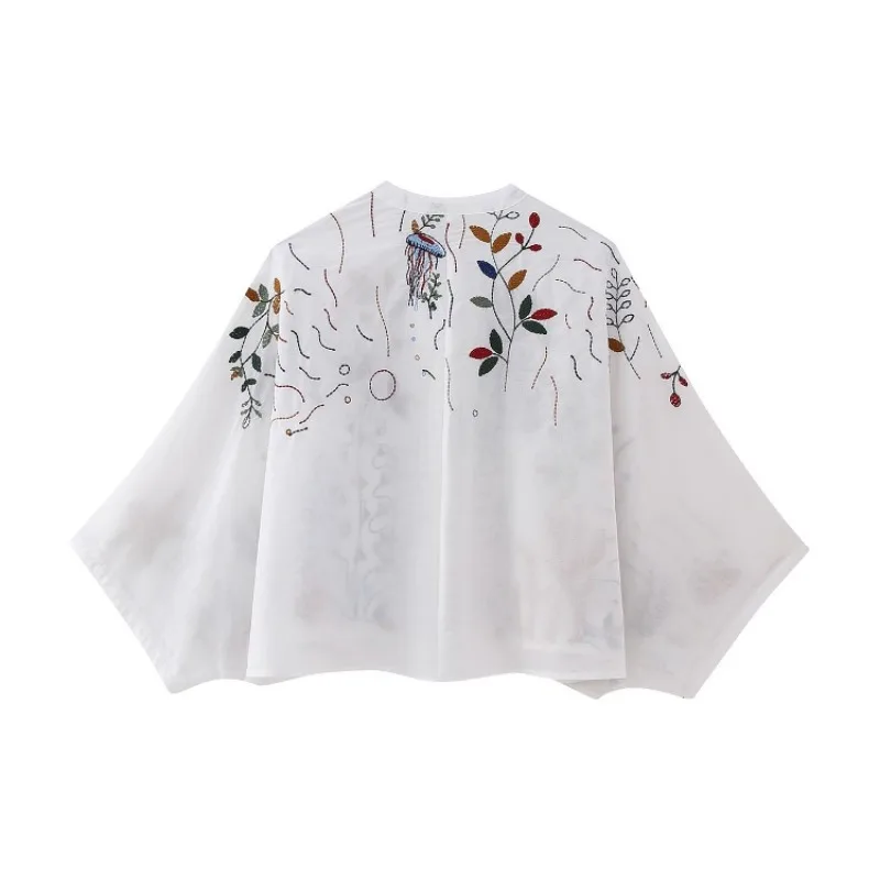 Korobov Vintage Floral Embroidery Bat Sleeve Short Shirt Women's Clothing Pastoral Resort Style V-Neck Single Breasted Loose Top