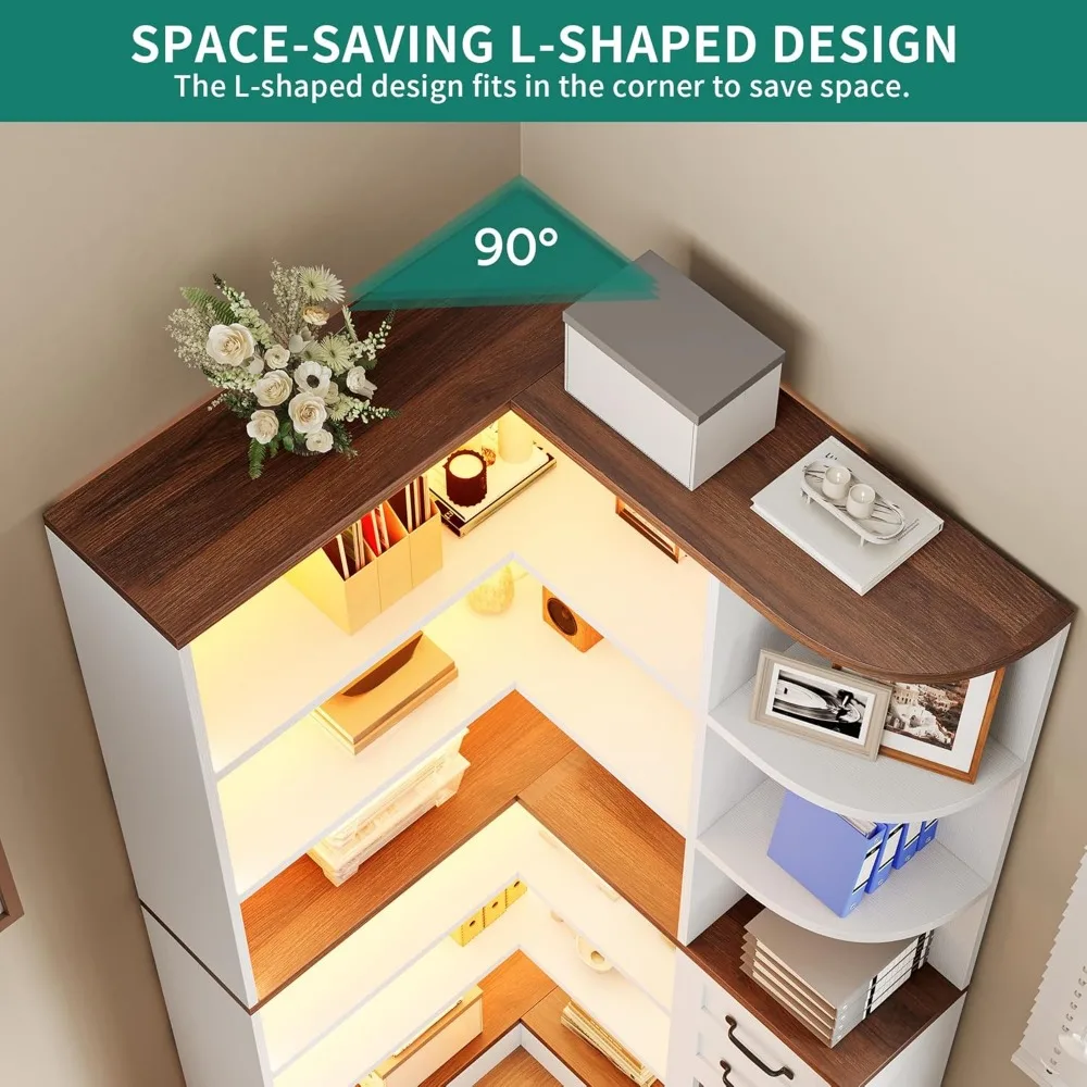 رف كتب زاوية مع مساحة تخزين، رف كتب من 6 طبقات للمزرعة مع أدراج وخزائن، خزانة كتب على شكل حرف L وأضواء LED وشاشة زاوية #5