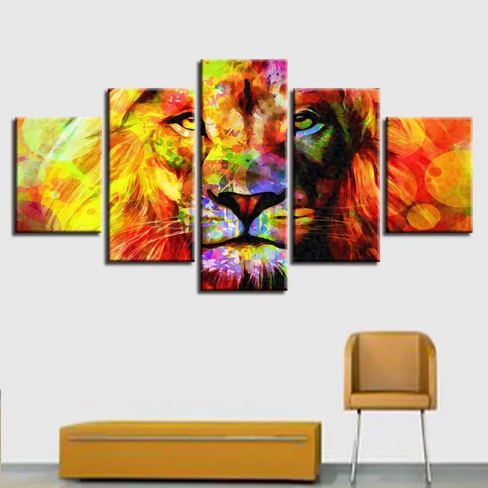 No Framed Abstract Color Lion Animal Avatar 5 Pieces HD Printed Picture Posters Canvas Paintings Wall Art Decor for Living Room