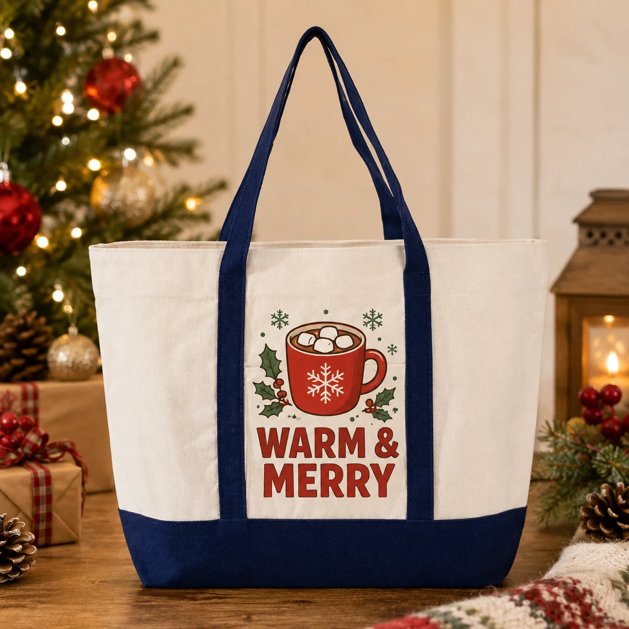 Holiday Canvas Tote Bag Festive Stocking Gifts Custom Logo Picture Name Large Shopping Gift Handbag For Women Family Party Gifts