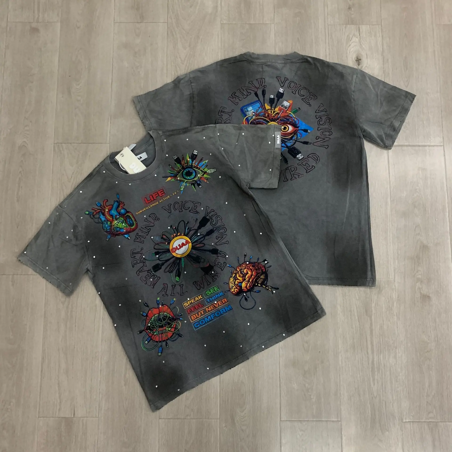 2026SS High Street DUAA Splash Ink Rhinestone Washed Distressed T-shirt for Men Male Fashion T-shirts Men's Clothiong