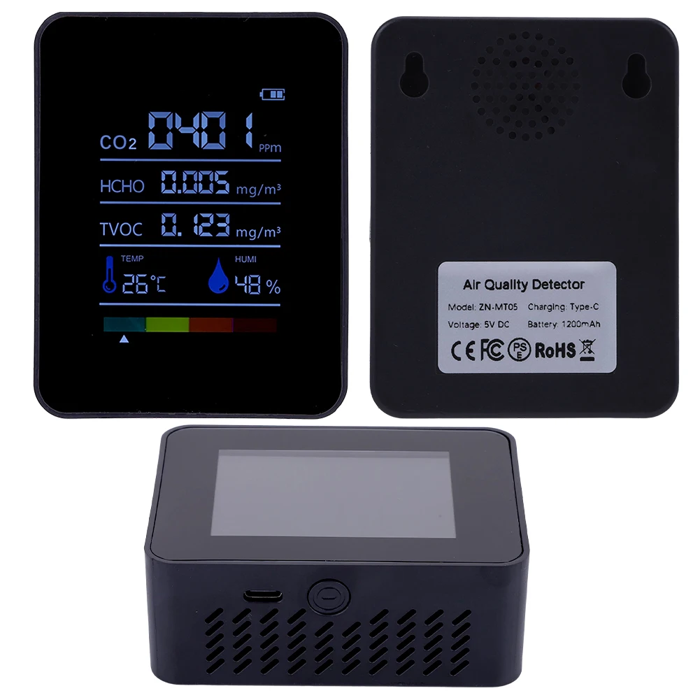 

5-in-1 Digital Portable CO2 Meter Multifunctional Temperature Humidity Tester Carbon Dioxide TVOC HCHO Detector for Home Office