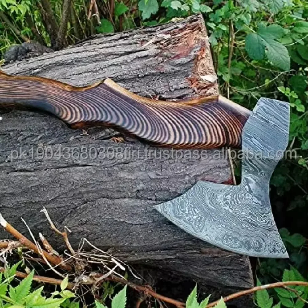 High Quality Damascus Axe Wooden Handle Drop Forged High Damascus Steel Axe Viking Axe Blade Etching