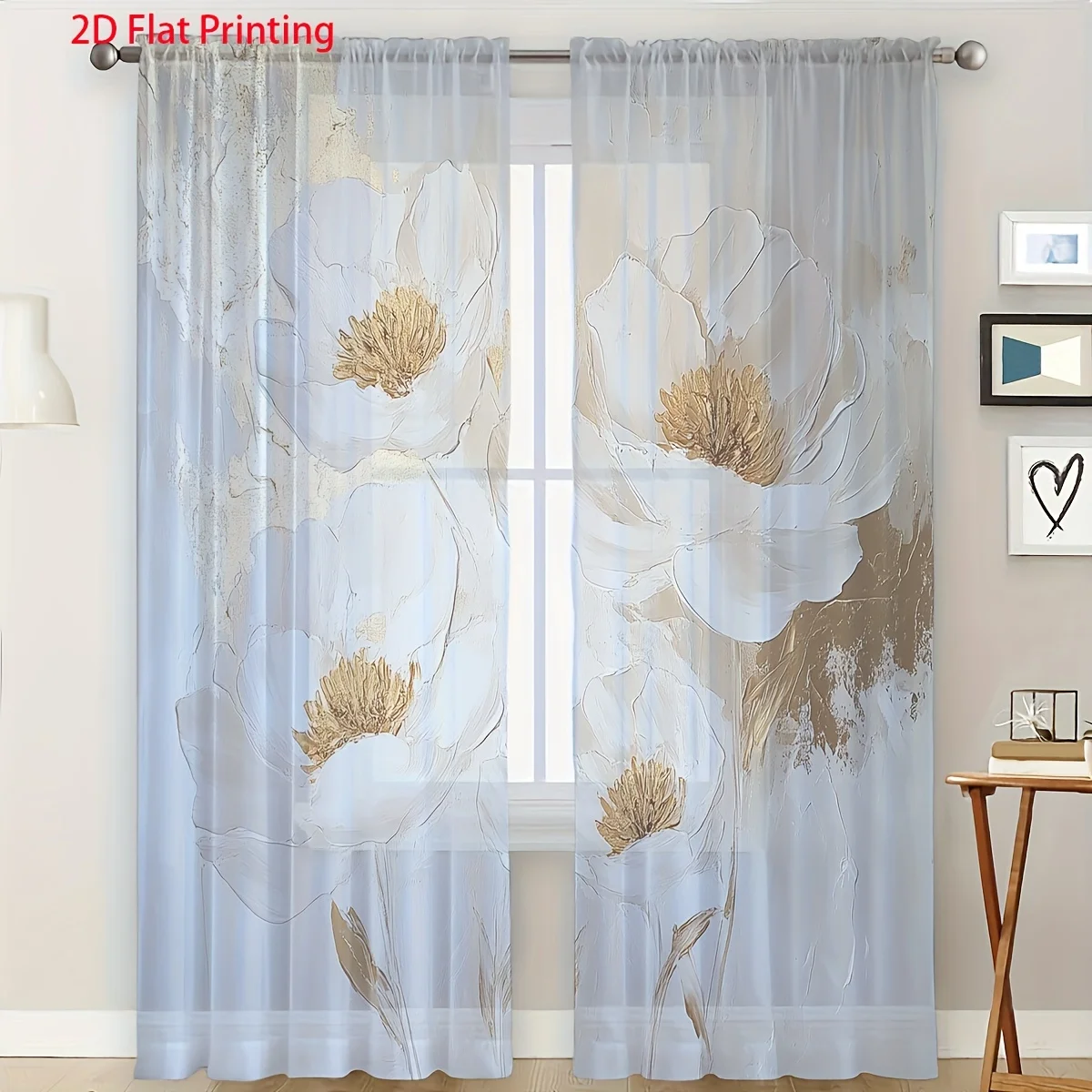 

2pcs White Flower With Gold Center Sheer Curtains, Washable Polyester Window Drapes, Rod Pocket, for Home Decor Living Room