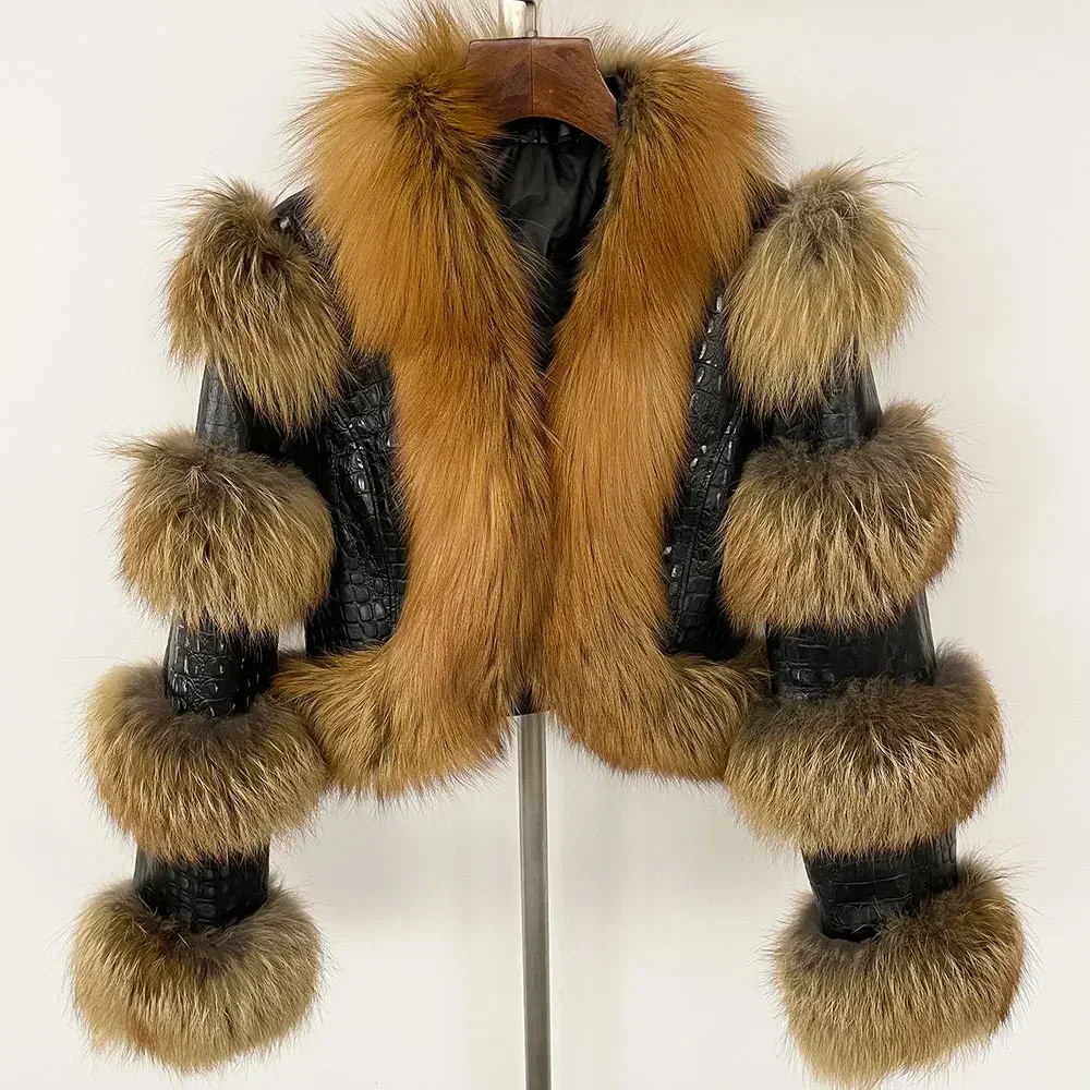 2024 neue Echtpelz Mantel Winter jacke Frauen Echt leder Natur Waschbär Fuchs Fell Ente Daunen Oberbekleidung dicke warme Streetwear