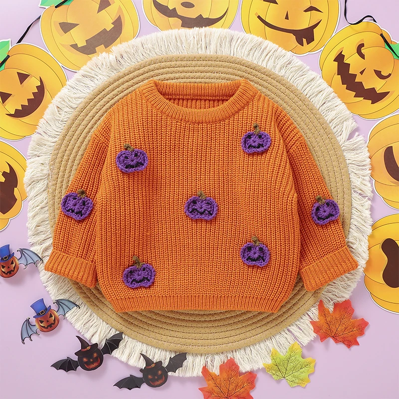 Toddler Baby Halloween Outfit Girl Boy Pumpkin Knit Sweater Pullover Sweatshirt Warm Knitwear Fall Winter Clothes