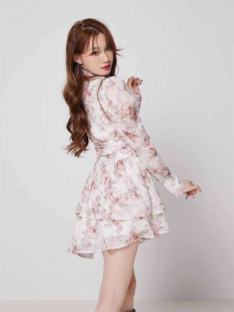 CHEERART Puff Sleeve Rose Floral Long Sleeve Mini Dress For Women V Neck Asymmetrical Korean Fashion Tunics Dress Spring Summer