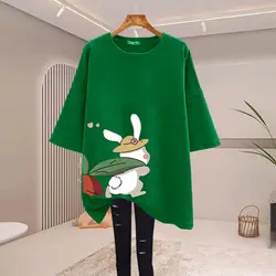 Women Clothing Fashion Rabbit Cartoon Print T-shirts Summer Pure Cotton O-neck Short Sleeve Basic Top Tee Casual Loose Pullovers