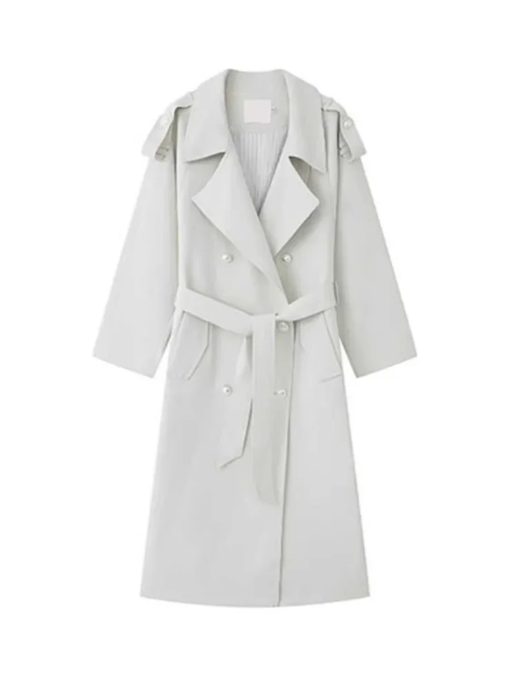 Versatile Solid Color Trench For Women Turn Down Collar Double Breasted Lace Up Coat Autumn New Tide 2025 New