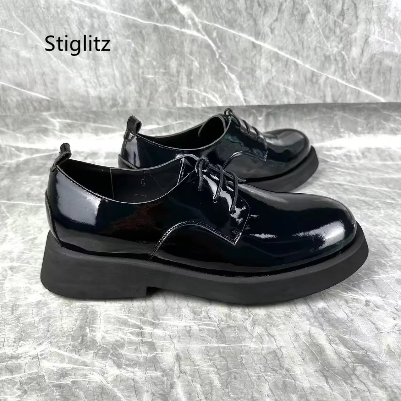 Black Patent Leather Men's Shoes Chunky Flat Round Toe Lace Up Casual Business Shoes Wear-Resistant Office Wedding Shoes Male