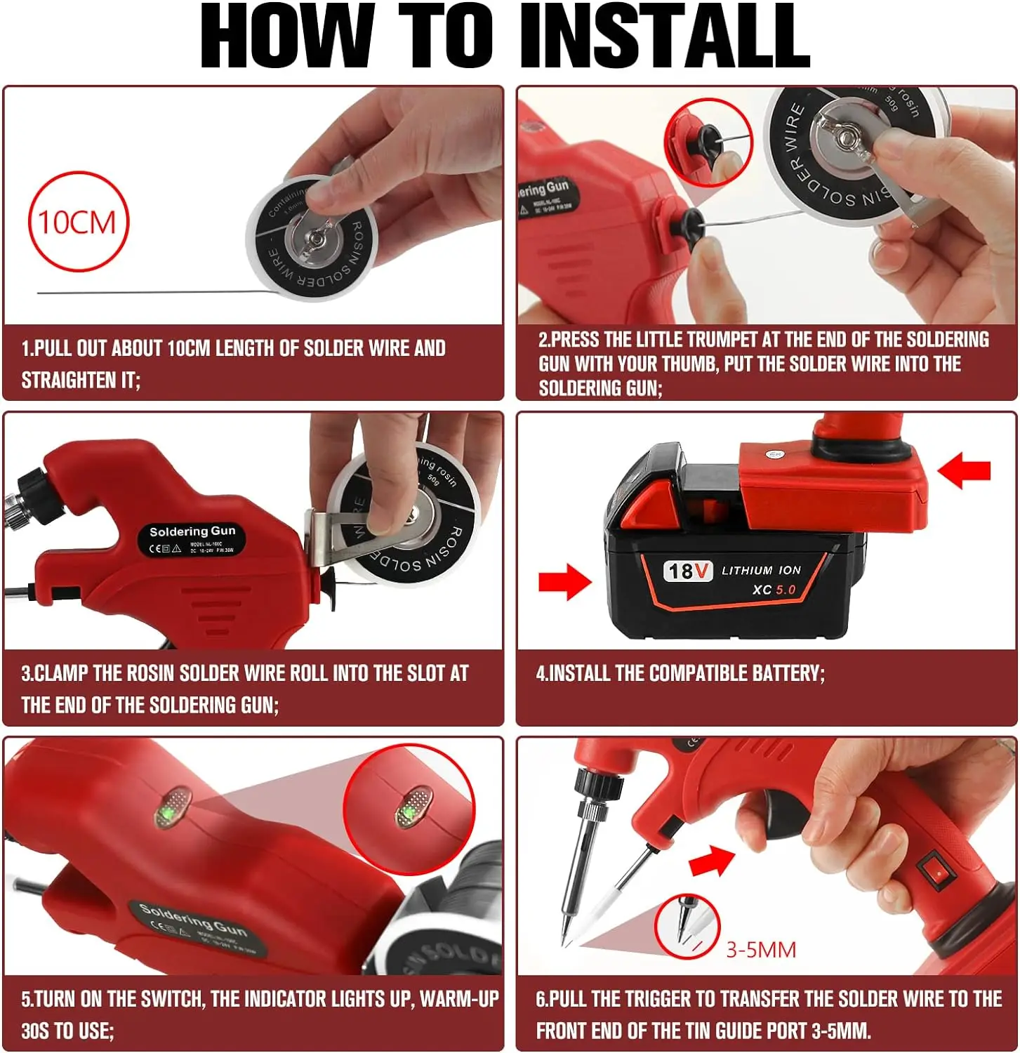 30W Cordless Soldering Iron for Milwaukee 18V Battery Automatic Feed Soldering Welding Gun Kit with 5pcs Solder Tips(No Battery)