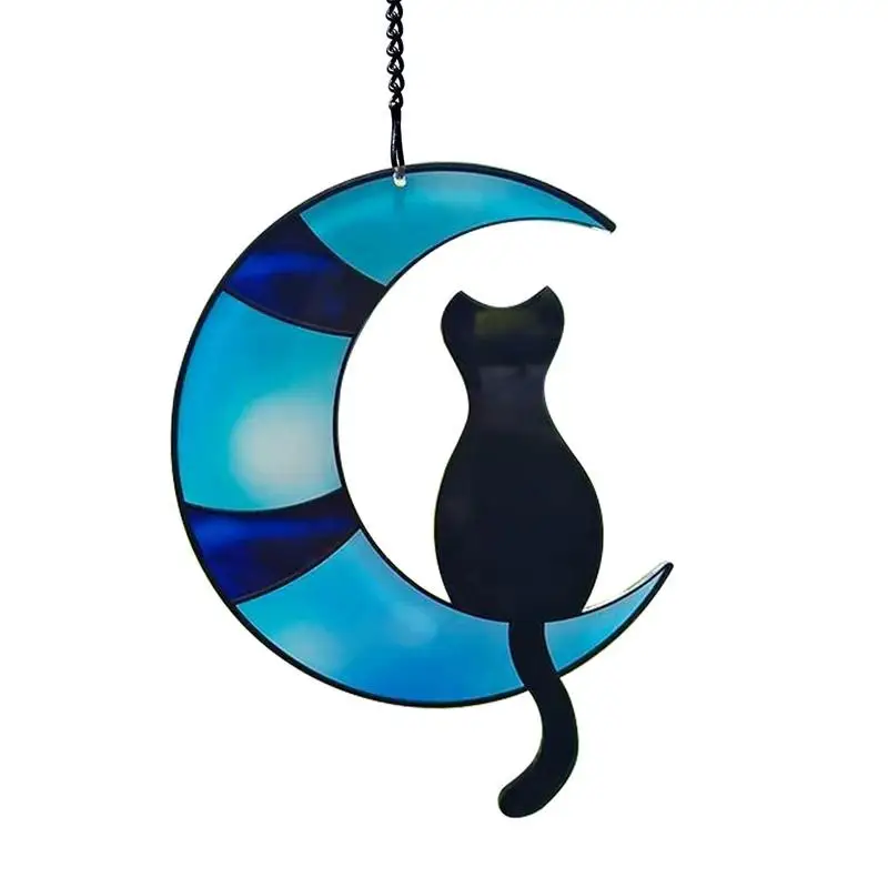 Stained Glass Cat On The Moon Window Hanging Pendant Sun Catcher Lover Gift Home Decor Acrylic Angel Wing Black Cat Ornament