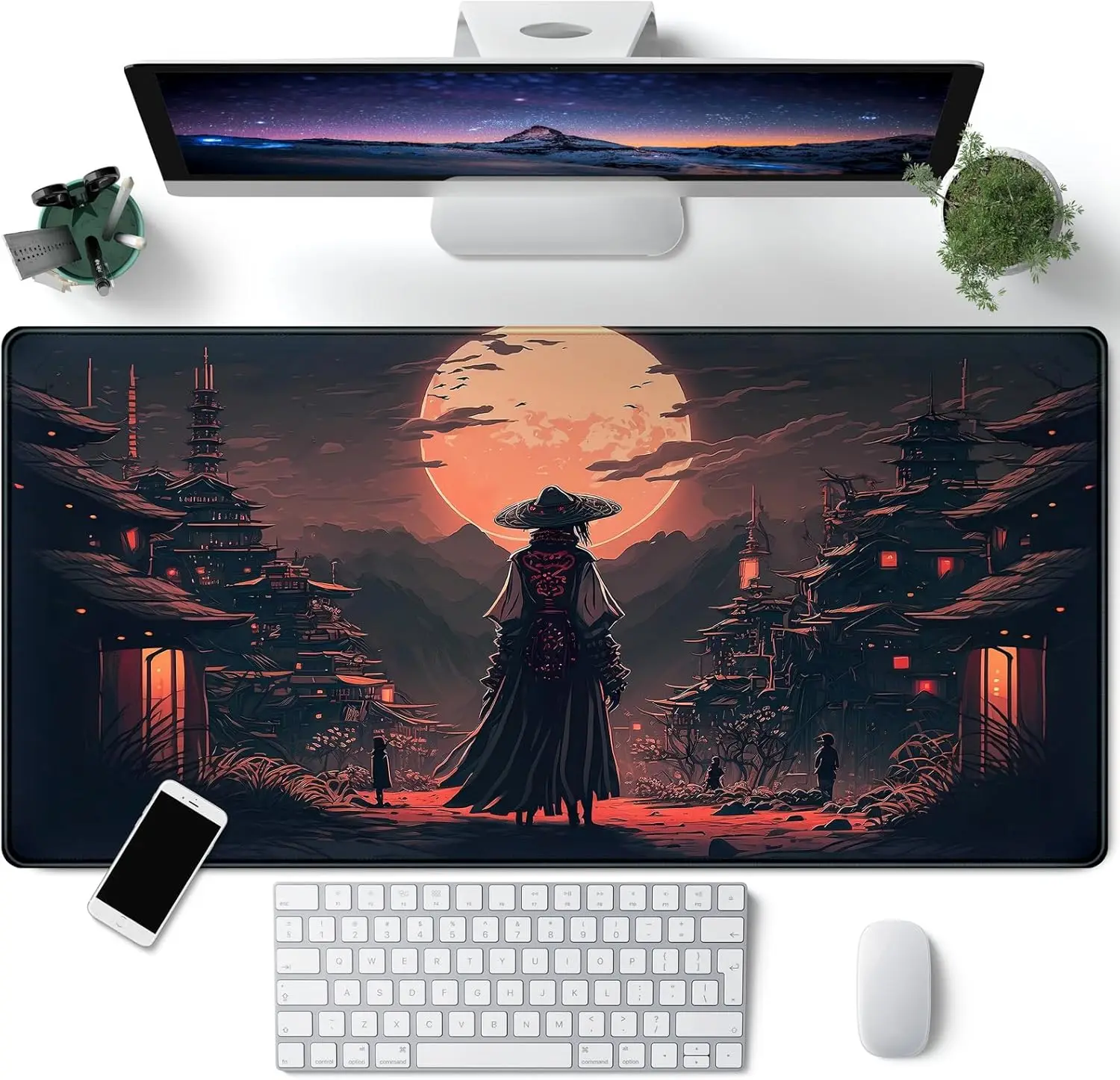 

Japanese landscape mouse pad, large black aesthetic table mat game play musepad extension xxl, 400*900 laptop keyboard pad