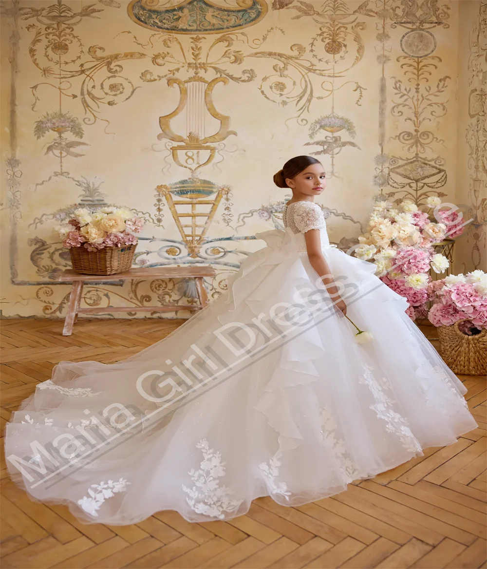 

Child's Party Dress White Lace Applique Elegant Glrl First Communion Party Dress Suitable For Wedding Party Bridesmaids
