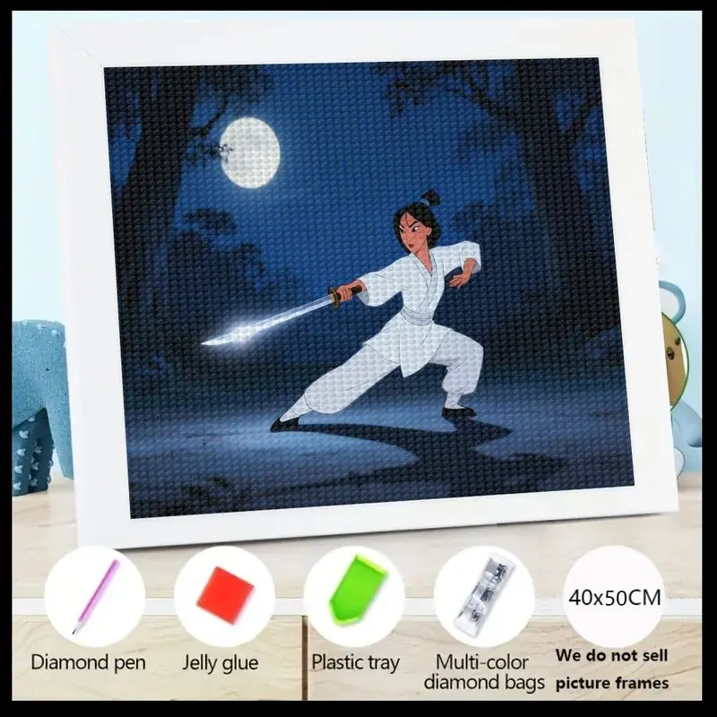 Kit de pintura de diamante 5D DIY, princesa guerrera estilo Mulan con espada brillante y escena nocturna de luna llena, Reno redondo de taladro completo, 1 ud.