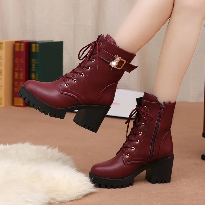 Buty damskie Winter 2024 New Round Toe Thick Bottom Waterproof Platform High Heel Strap Lace Up Middle Ankle Boots Botas Mujer