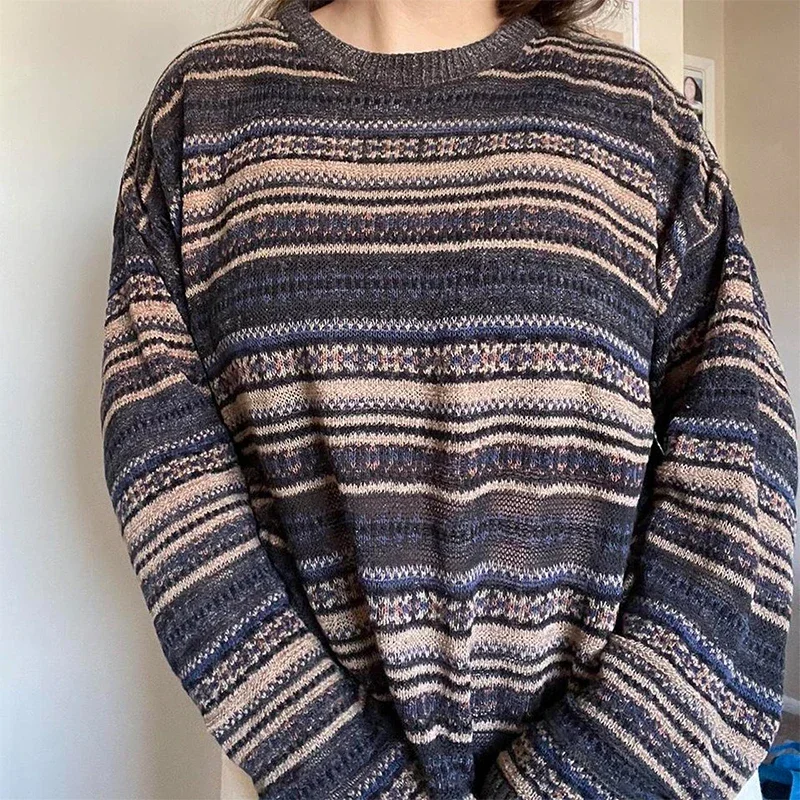 Pull Baggy Rayé avec Col Rond pour Femme, Tricot à Manches sulf, Style Preppy, Vintage Y2K, Cottage Grunge, Années 00, Automne