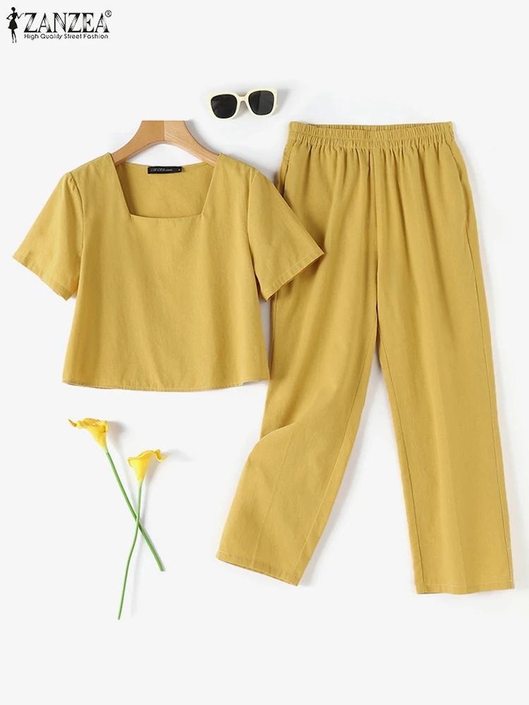 Women Casual Cotton Pant Sets ZANZEA 2025 Summer Square Neck Short Sleeve Tops and Elastic Waist Pant 2pcs Outfits Commute Solid