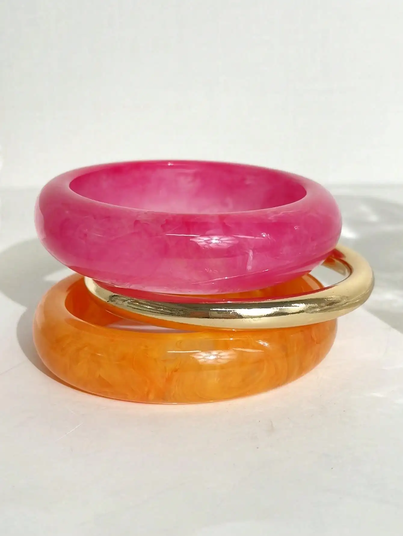 3pcs Pink-Orange Bohemian Color-Block Resin Geometric Bracelet Set for Layering Wide Style Women's Jewelry Youthful  Fashionable