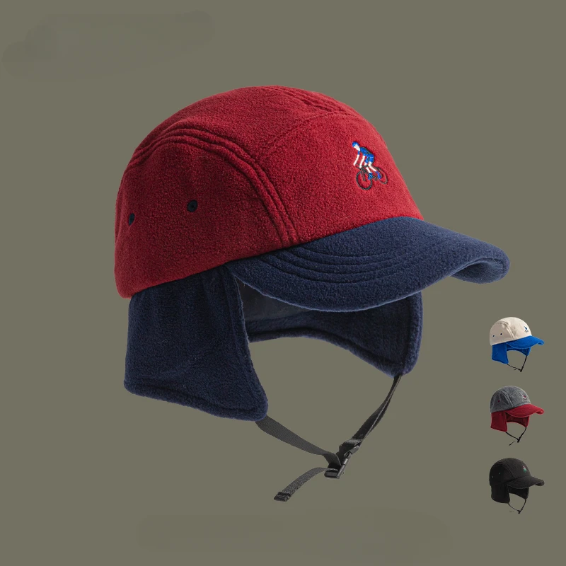 Autumn and Winter Retro Color Matching Five-panel Embroidered Baseball Cap Men and Women Fleece Thermal Ear Protector Bomber Hat