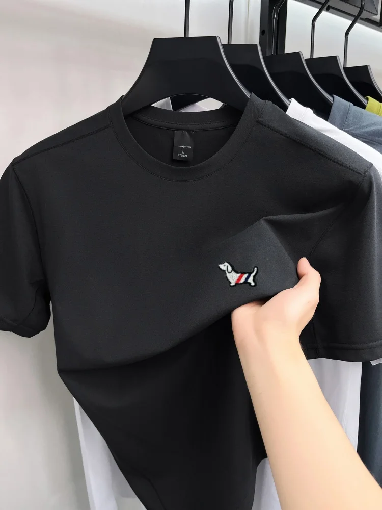 Trend cartoon dog embroidered short sleeve T-shirt summer new style high-end brand men's round neck youth casual breathable top