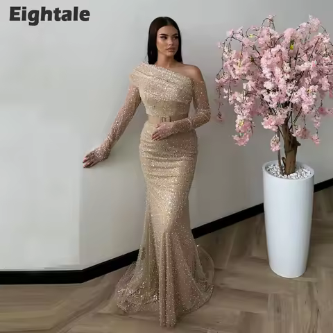 Eightale Luxury Evening Dresses Sequined One Shoulder Champagne Customized Belt Mermaid Prom Gown Wedding Party Dress