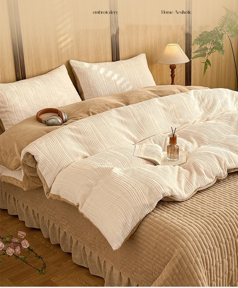 Simple Design Winter Carving Fleece 4pcs Bedding Sets Soft Luxury Warm Quilt Cover Thickened Sheet Pillowcases