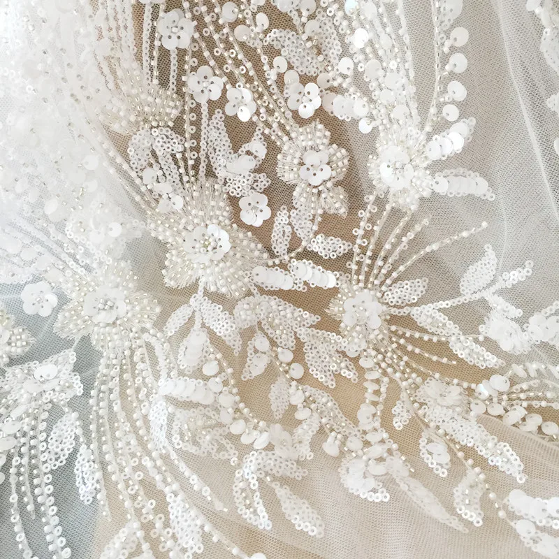 Embroidered Lace Fabric for Wedding Dress, 3D Flowers, Beaded Sequins, Small Flower Applique, RS4025