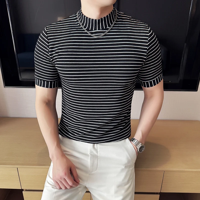 

High Quality Striped T-shirt for Men Short Sleeve Slim Fit T Shirt Half High Neck Casual Morning Versatile Tee Top Men Clothing